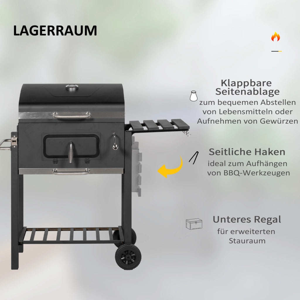 Carrello per barbecue a carbone, supporto per barbecue in acciaio inox nero, dimensioni 113x65x108 cm, per giardino e terrazzo.