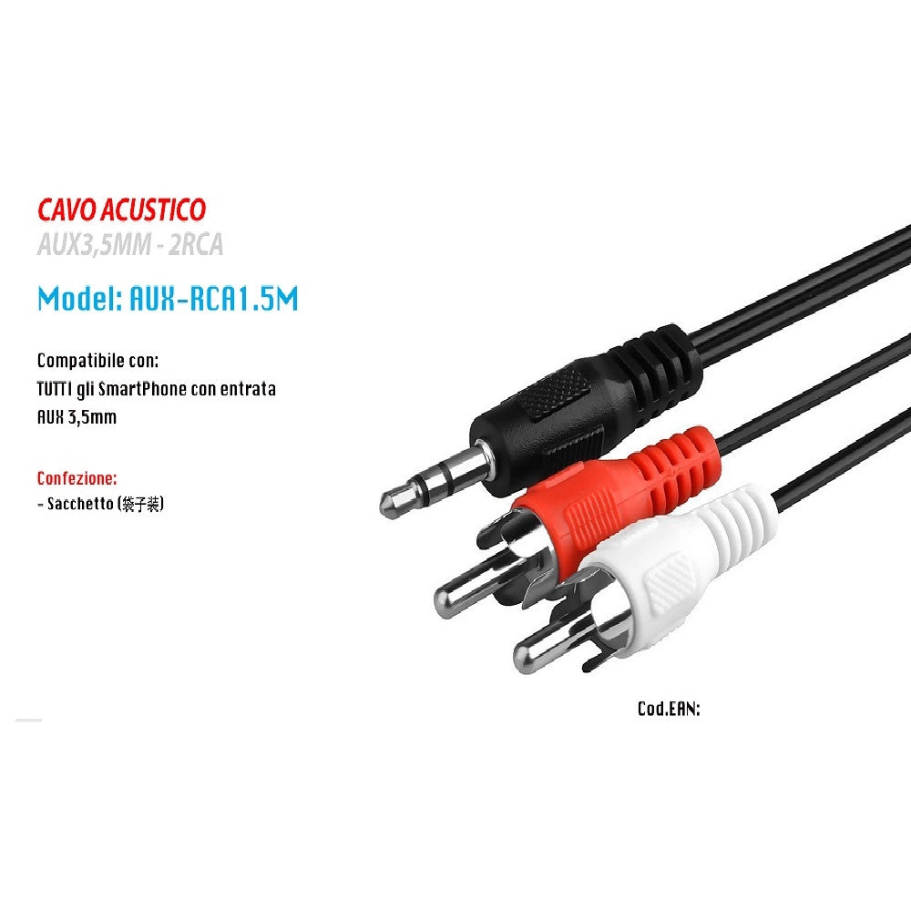 Trade Shop - Cavo Audio Da Jack 3,5mm A 2 Rca Maschio 1.5 Metri Per Casse Strumento Acustico -