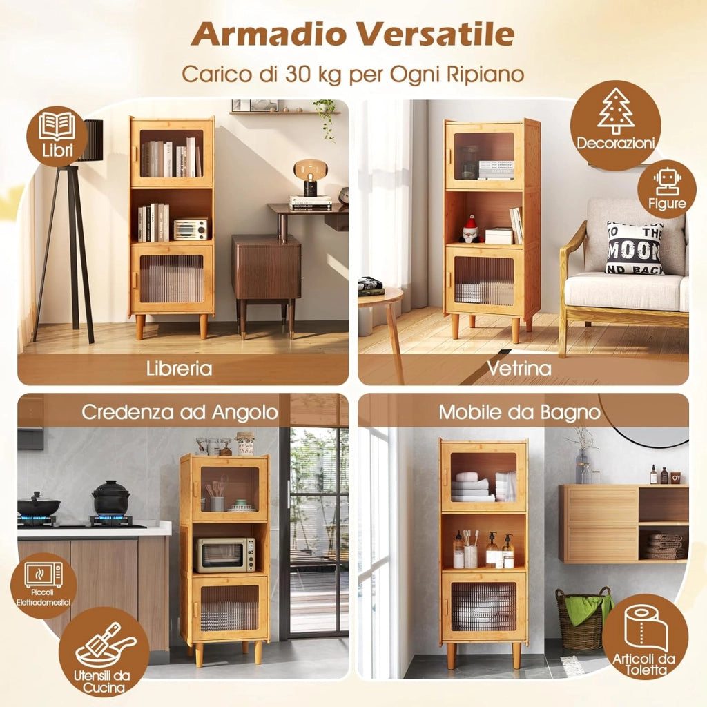 Armadietto da Cucina a 3 Ripiani con 2 Ante in Acrilico Trasparente, Credenza Espositore in Bambù Salvaspazio, Libreria Vetrina per Studio e Soggiorno, 49,5 x 40 x 130 cm, Naturale