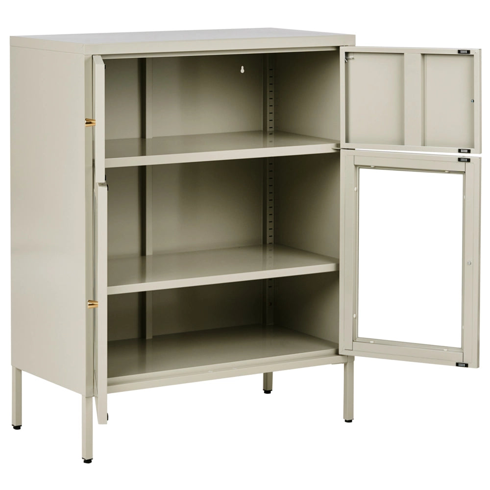 Vetrina in ferro beige chiaro con 2 ante in vetro e 2 scomparti chiusi in stile scandinavo