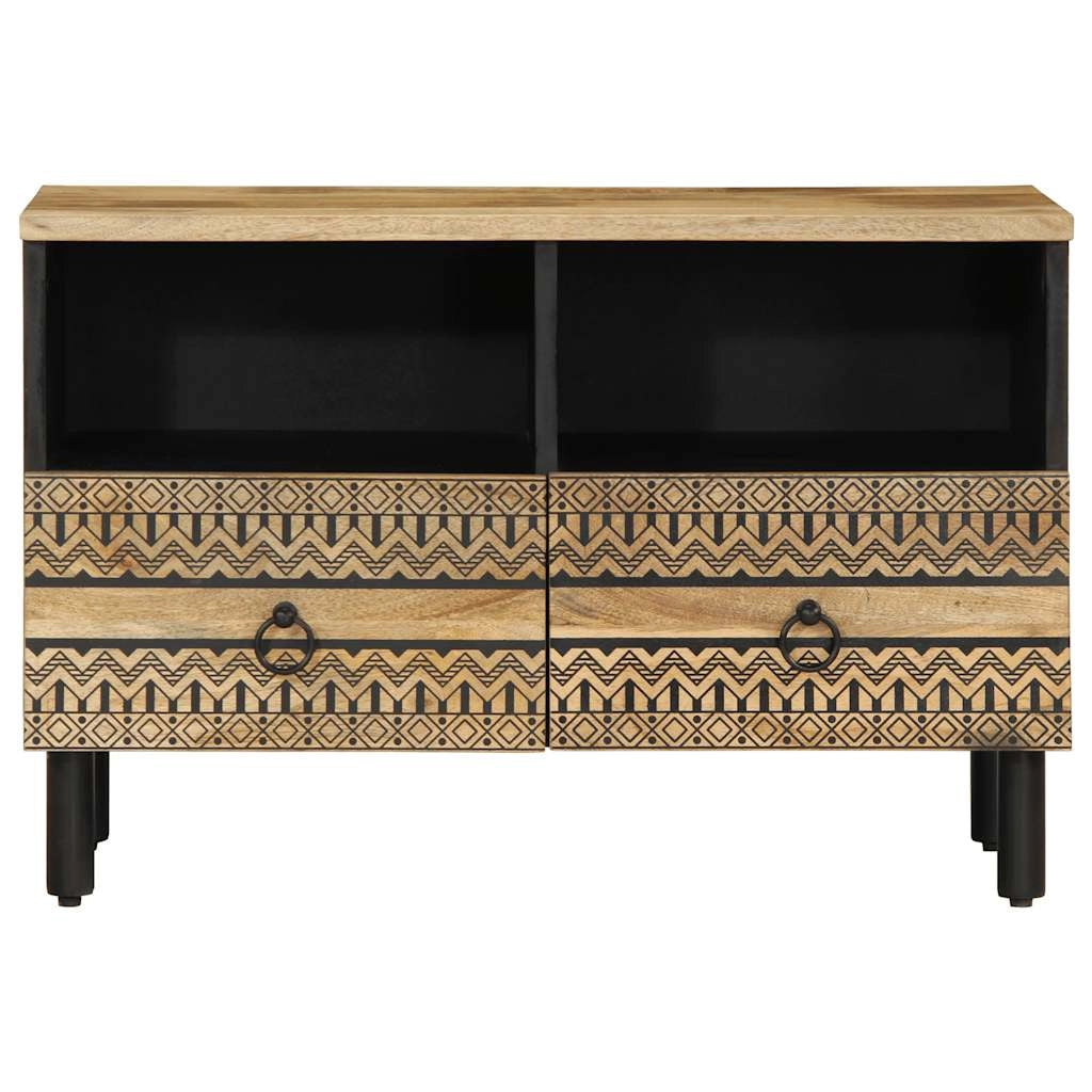 Mobile porta TV industriale nero 70 x 33 x 46 cm con pratico contenitore stile moderno realizzato in legno massello di mango grezzo 02_0057833