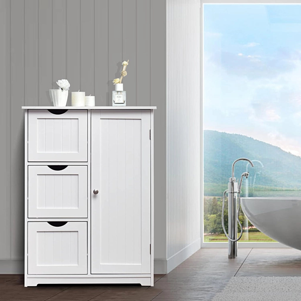 Mobile Bagno, Armadietto Salvaspazio e Multiuso con 3 Cassetti, Ante e Ripiano Regolabile, Mobiletto in Legno per Soggiorno, Camera da Letto, Salotto, Cucina, 60x 30x 81cm (Bianco)