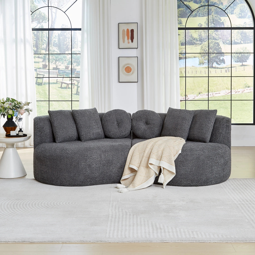 Divano modulare a 2 posti in chenille grigio antracite con schienale continuo e 6 cuscini, design curvo