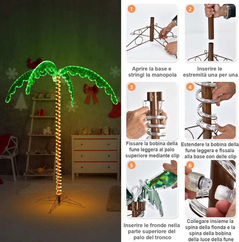 Palma Tropicale con Luci LED 136/168 cm, Illuminazione Esterna con Forma di Palma, con Base Pieghevole, Palma Realistica Decorativa per Feste e Esterno (168cm)