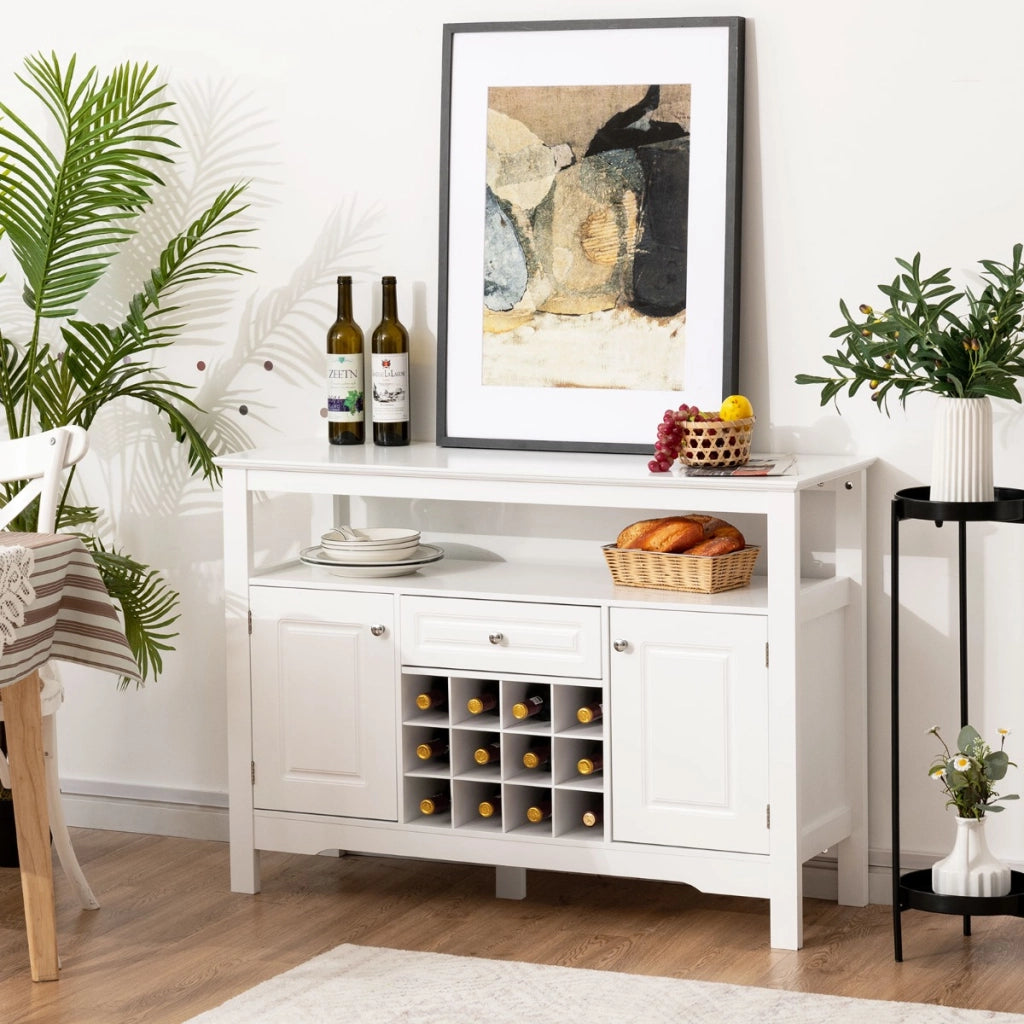 Credenza per cucina con porta bottiglie di vino a forma incrociata-Mobile da cucina con mensola aperta Bianco