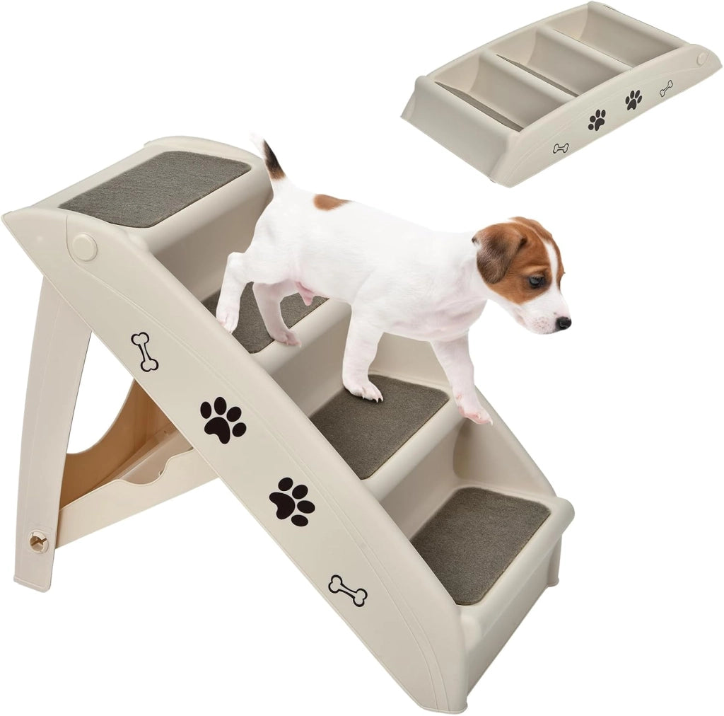 Scala per cani e gatti pieghevole, con tappetino in feltro, carico fino a 60 kg, rampa antiscivolo per cani e gatti per letto, auto, divano (beige, 65 x 55 x 50 cm, 4)
