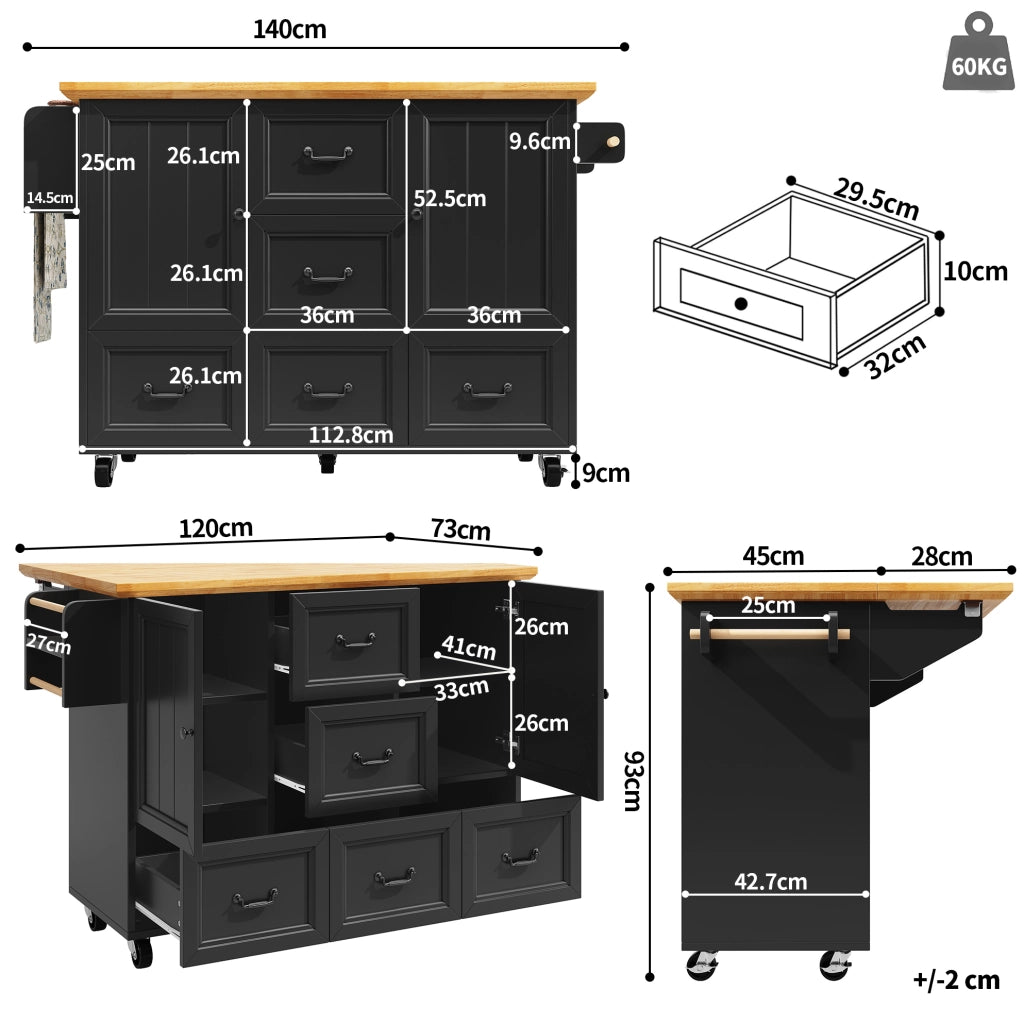 Isola da cucina mobile pieghevole con ruote; MDF e metallo; nera