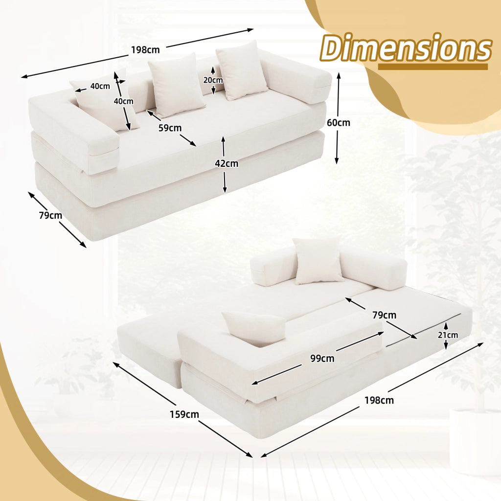 Divano modulare 198x79x60 cm in chenille con tasche laterali e fondo antiscivolo beige