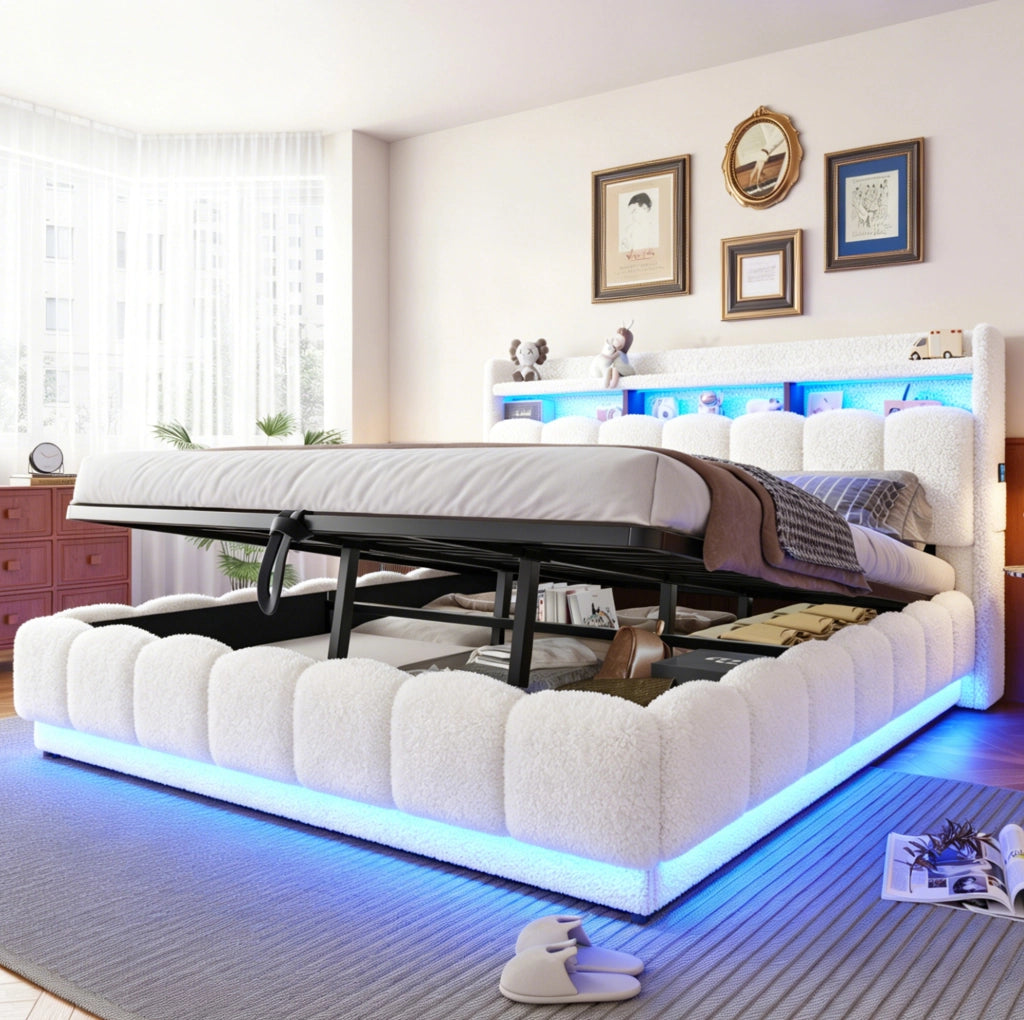 Letto imbottito 180x200 cm con contenitore, LED e USB, bianco
