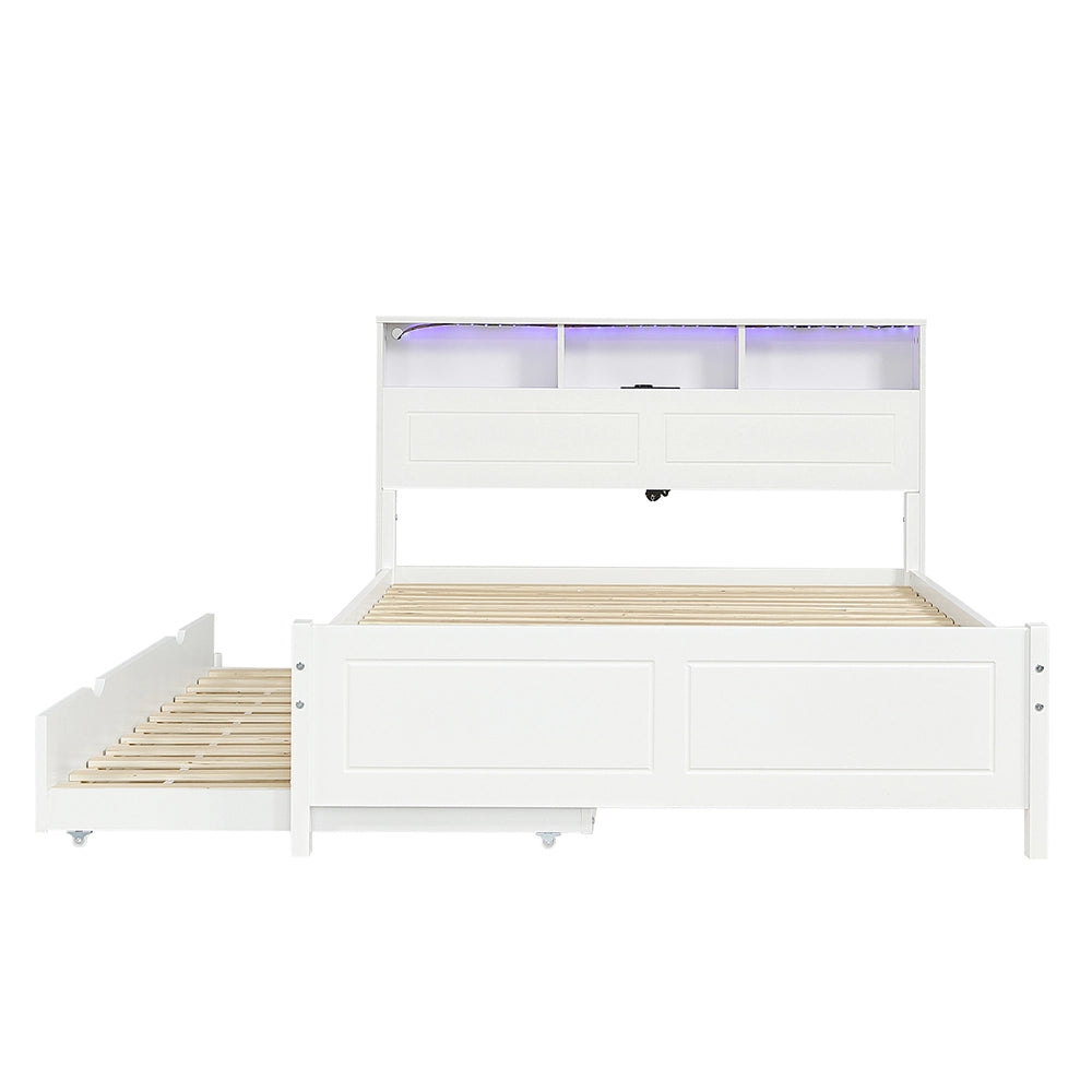 Letto a castello-Xylo-120x200+90x190 cm-LED, USB, contenitore, pino, bianco