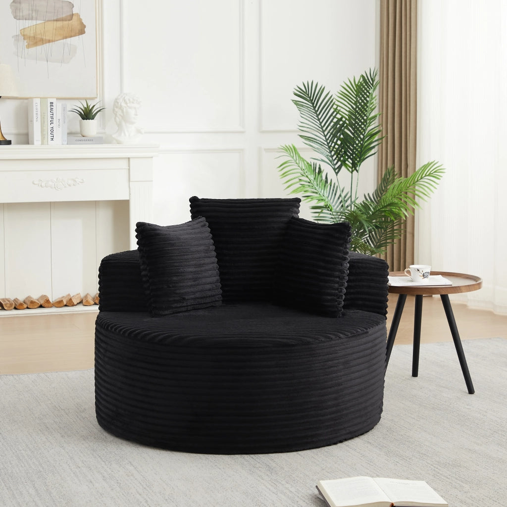 Fauteuil lounge rotondo con braccioli larghi e 3 cuscini, in velluto a coste e schiuma con molle nero 110 cm