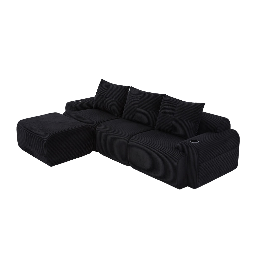 Divano modulare 3 posti in corduroy nero con portabicchieri e tasca laterale, 268x174x80 cm