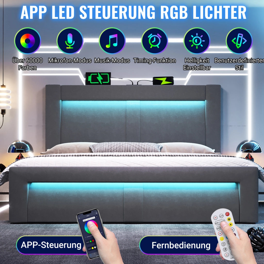 Letto contenitore 160x200 cm idraulico con LED; USB e Type-C; velluto grigio