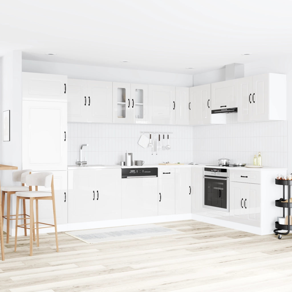 Mobiletto da cucina  "Kalmar" con doppi lavabi in legno ingegnerizzato bianco lucido