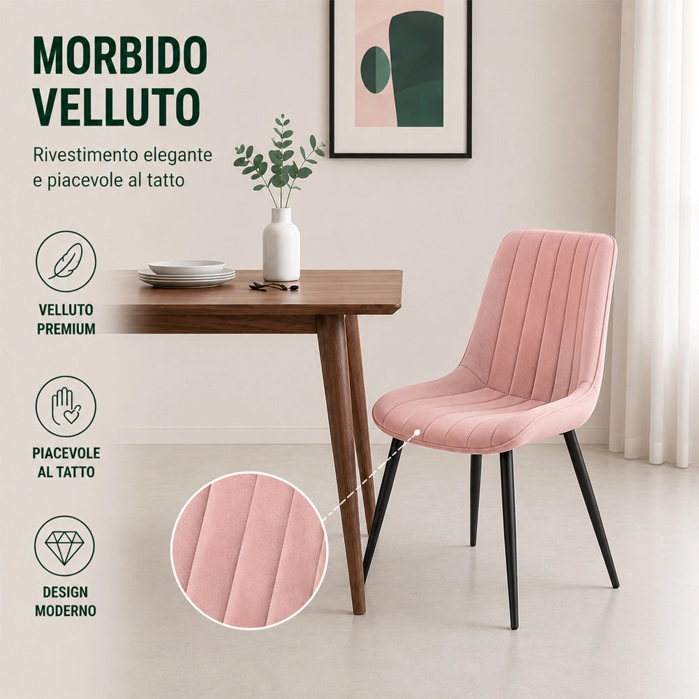 Set 4 Sedie da Pranzo Rosa in Velluto Seduta Ergonomica e Struttura in Acciaio