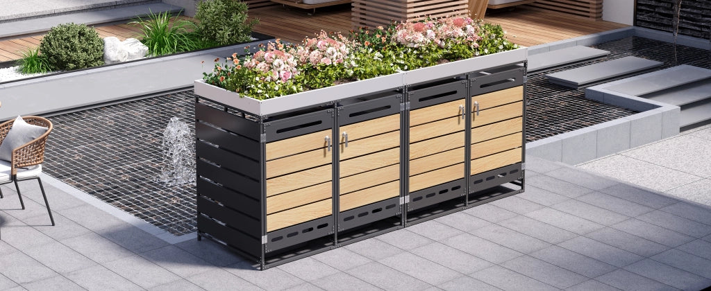 OKWISH Copribidoni 4 vani con fioriera integrata, 4 scomparti con serratura, ventilazione, ferro nero