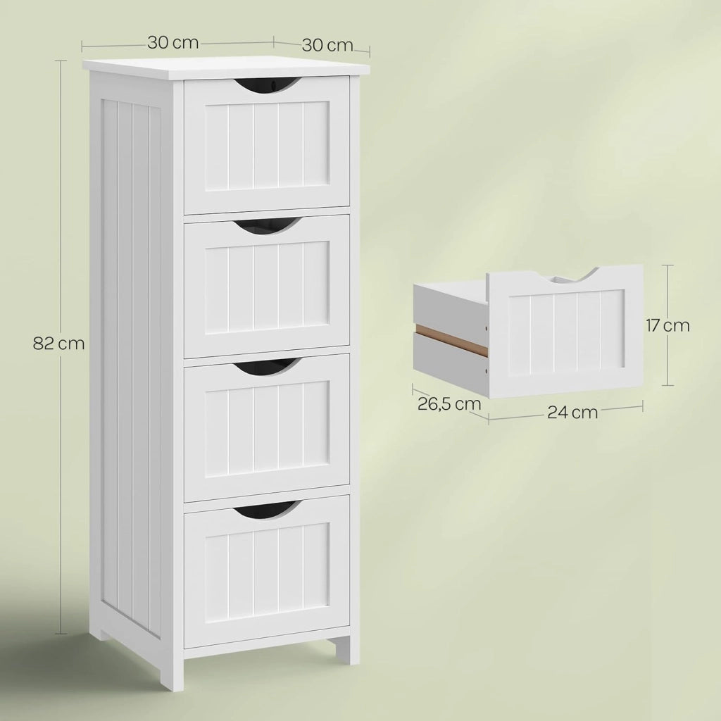 Mobile da Bagno, Mobiletto Bagno Salvaspazio, con 4 Cassetti, 30 x 30 x 82 cm, Armadio Autoportante, per Sala da Pranzo, Cucina, Stile Moderno, Bianco BZS07ws