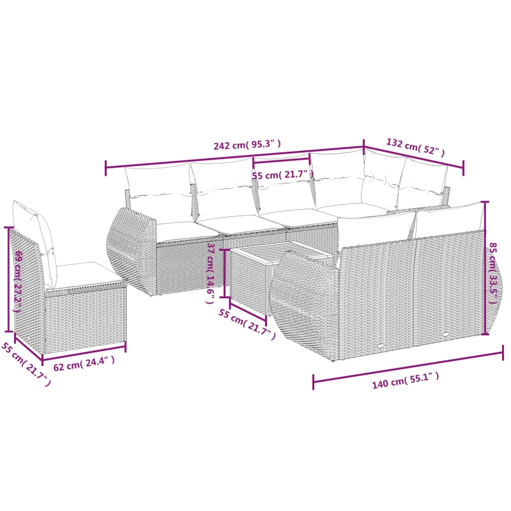Set Divano da Giardino 9 pz con Cuscini Grigio in Polyrattan 3257432