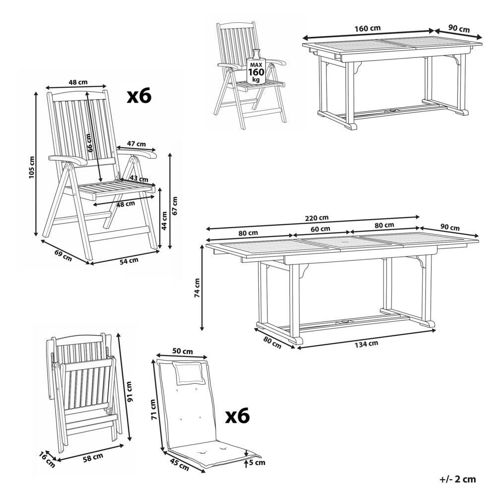 Set da giardino con 6 sedie in legno di acacia marrone scuro con cuscini beige chiaro in stile rustico con cuscini