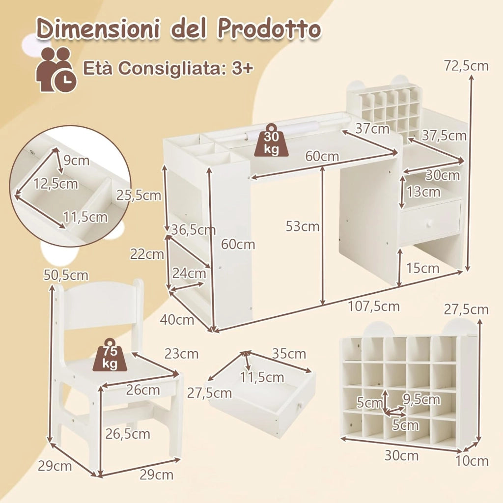 Set Tavolo e Sedia per Bambini 3+ con Porta Rotolo Carta Rimovibile | Scrivania Multifunzionale per Bambini con Mobile Cubo, Ripiani Laterali e Cassetto, Ideale per Lettura e Disegno