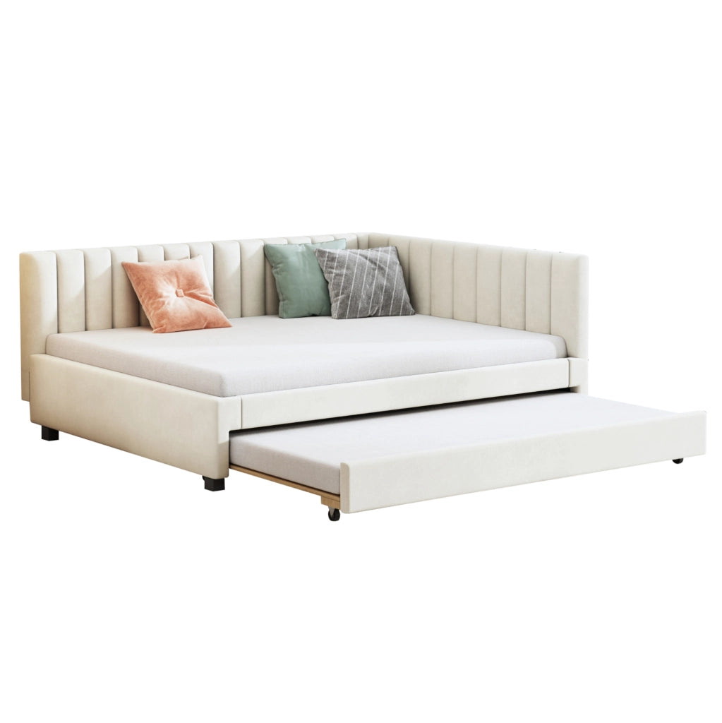 Letto imbottito estraibile 140x200 in velluto beige