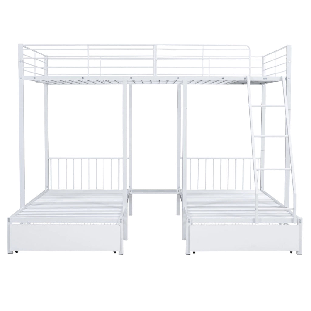 Letto a tre livelli in metallo bianco 140x200 cm; trasformabile in 3 letti separati con 2 cassetti