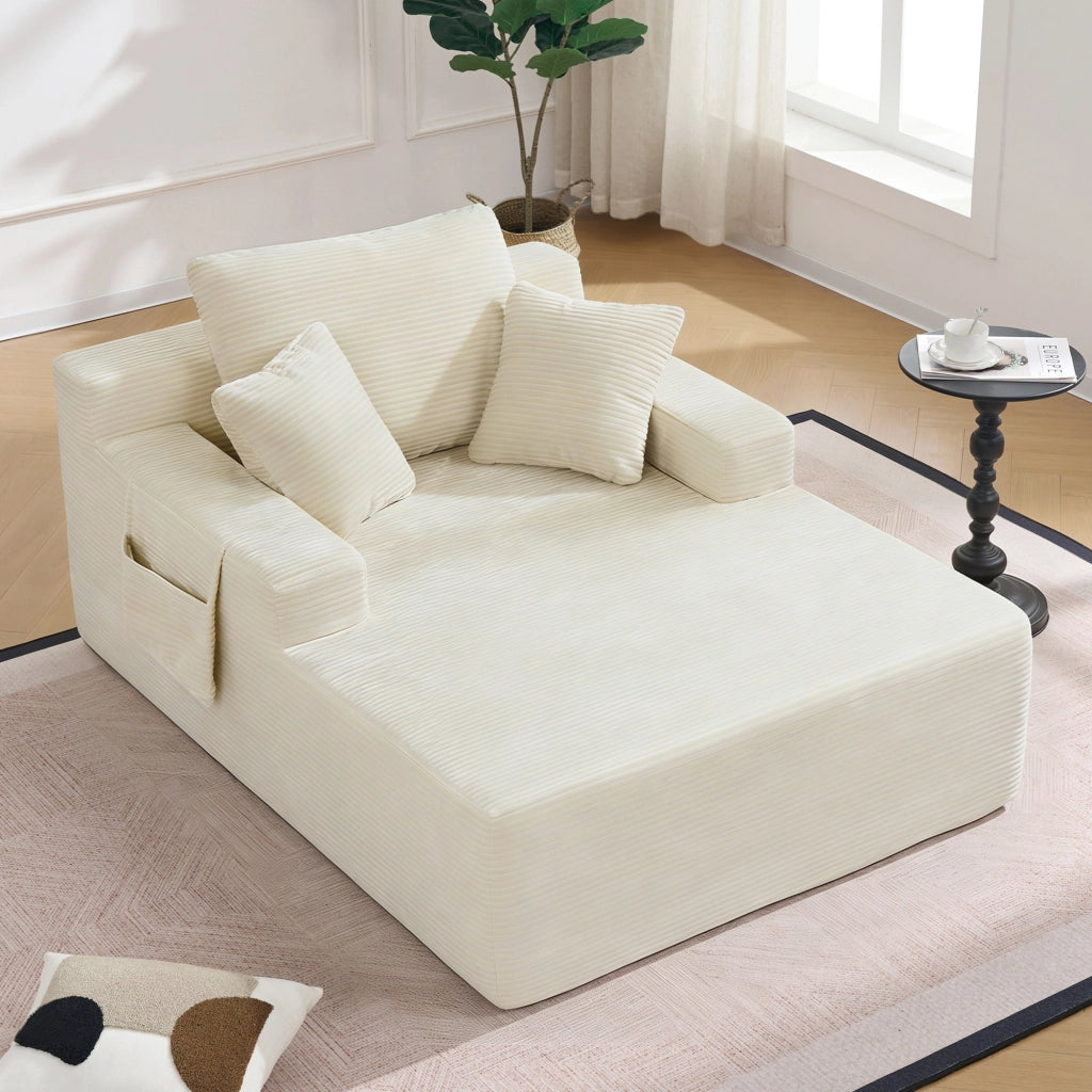 DIVANO in corduroy beige con tasche laterali e cuscini