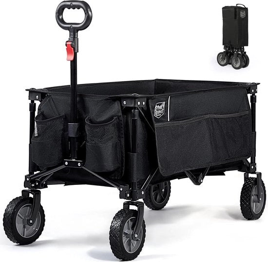 Carrello da spiaggia pieghevole XXL con tasca laterale e contenitore per bicchieri - maniglia regolabile - adatto a tutti i terreni - carico massimo 100 kg