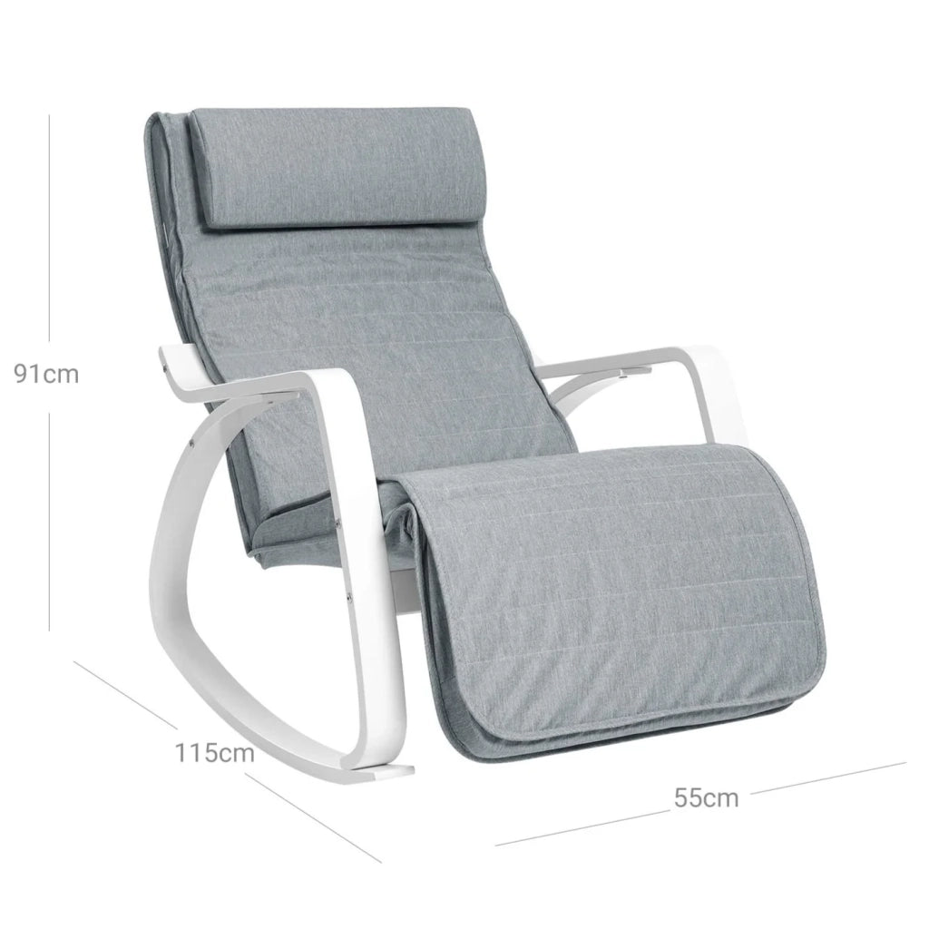 Sedia a dondolo in legno di betulla sedia a dondolo con poggiapiedi regolabile in 5 angoli simil lino portata 150 kg soggiorno grigio chiaro 12_0002783