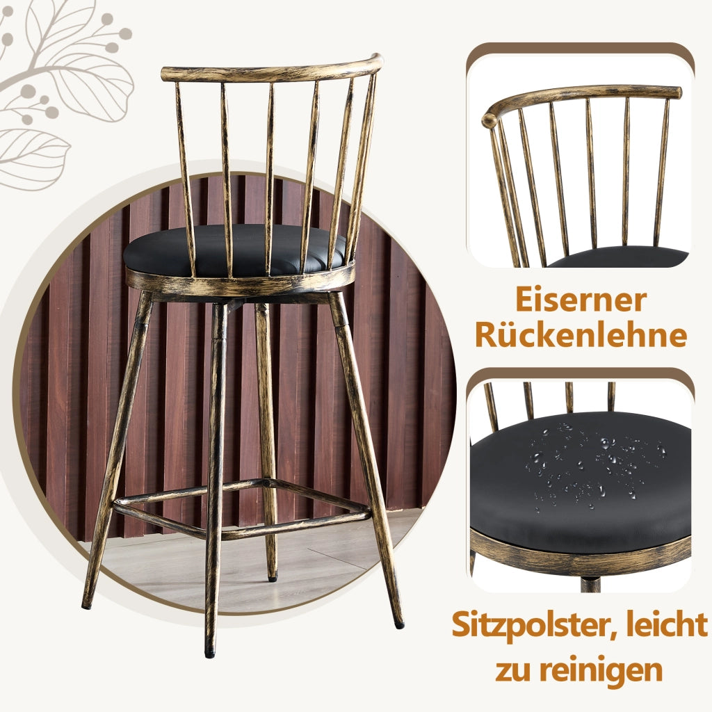 Sgabello da bar imbottito con schienale Windsor e poggiapiedi in metallo e similpelle nero marrone 73 × 45,5 × 45 cm