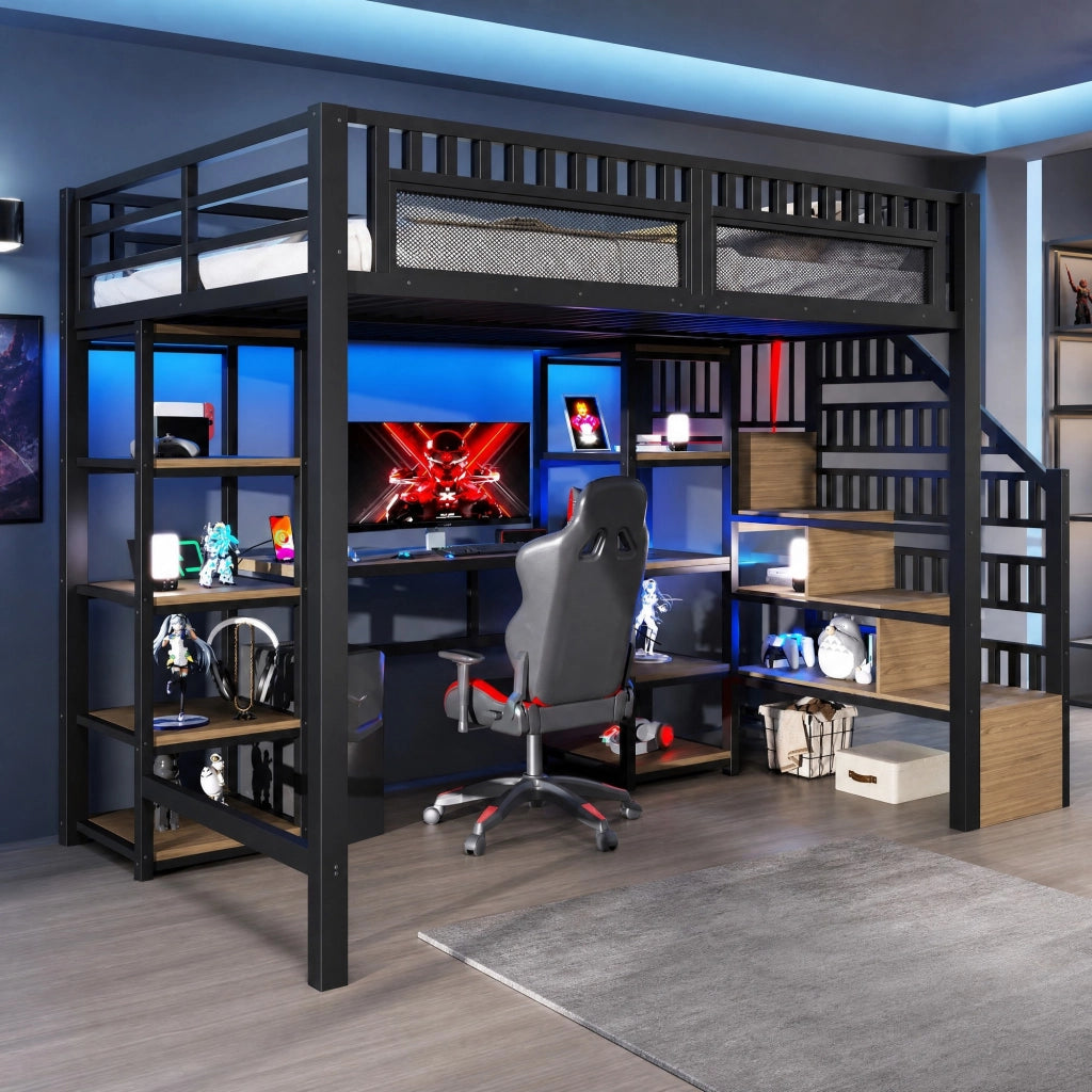 DESMIU Letto a soppalco 140 × 200 cm 1 posto con scrivania, scaffali, LED e USB, senza materasso, nero