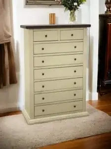 cassettiera settimino Shabby chic in legno bicolore laccato avorio anticato e noce 6+2 cassetti