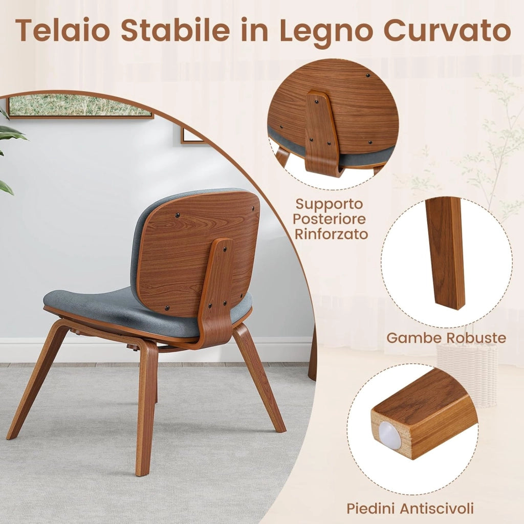 Sedia Relax con Schienale Curvo e Sedile Imbottito, Sedia Laterale con Struttura in Legno, senza Braccioli, per Sala da Pranzo, Soggiorno, Ufficio, Portata 136 kg (Marrone+Grigio Scuro)