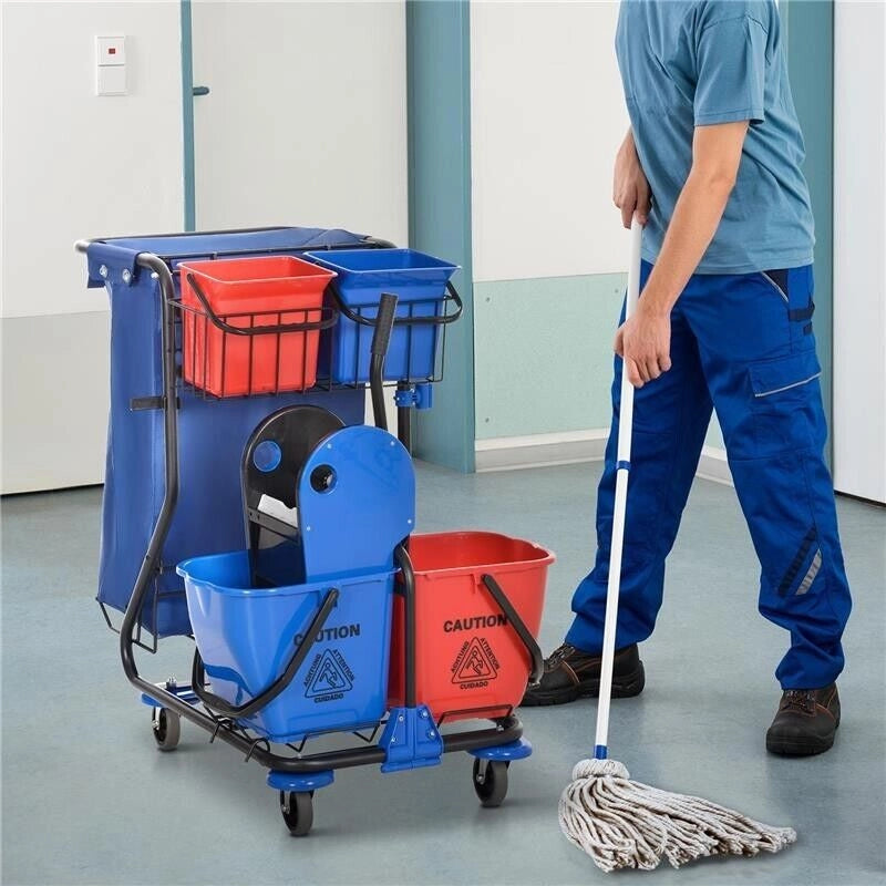 CARRELLO PULIZIE CON SACCO PER IMMONDIZIA, 4 SECCHI E STRIZZATORE PER MOCIO, 93X80X97 CM, ROSSO BLU E NERO