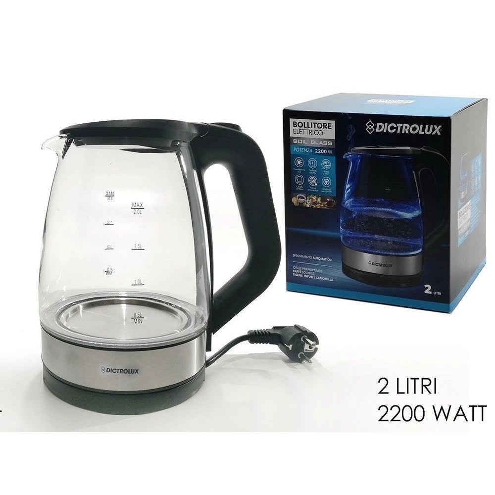 Trade Shop - Bollitore Elettrico In Vetro 2 Lt 2200w Spegnimento Automatico Per Caffè Solubile Tisane -