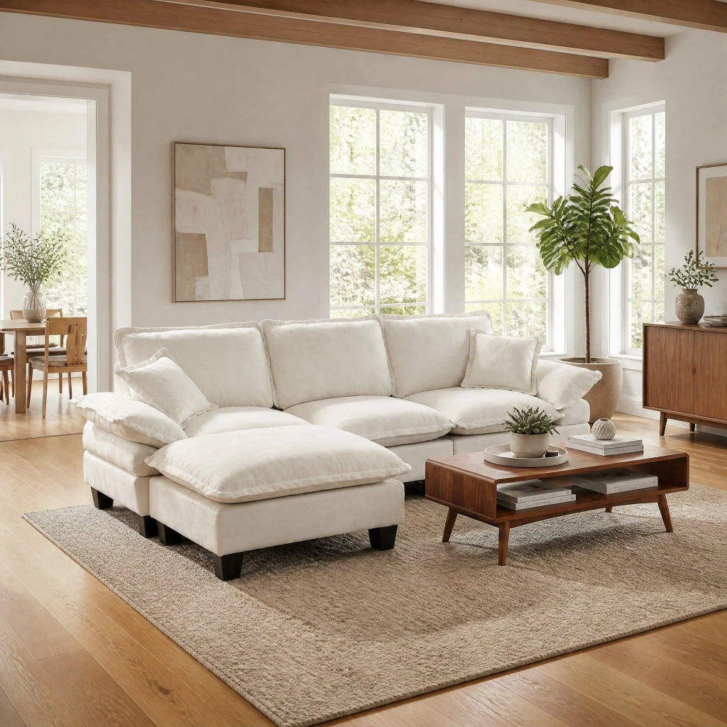 Divano angolare modulare a nuvola con pouf mobile e 2 cuscini in ciniglia beige per soggiorno 263 × 151 × 90 cm