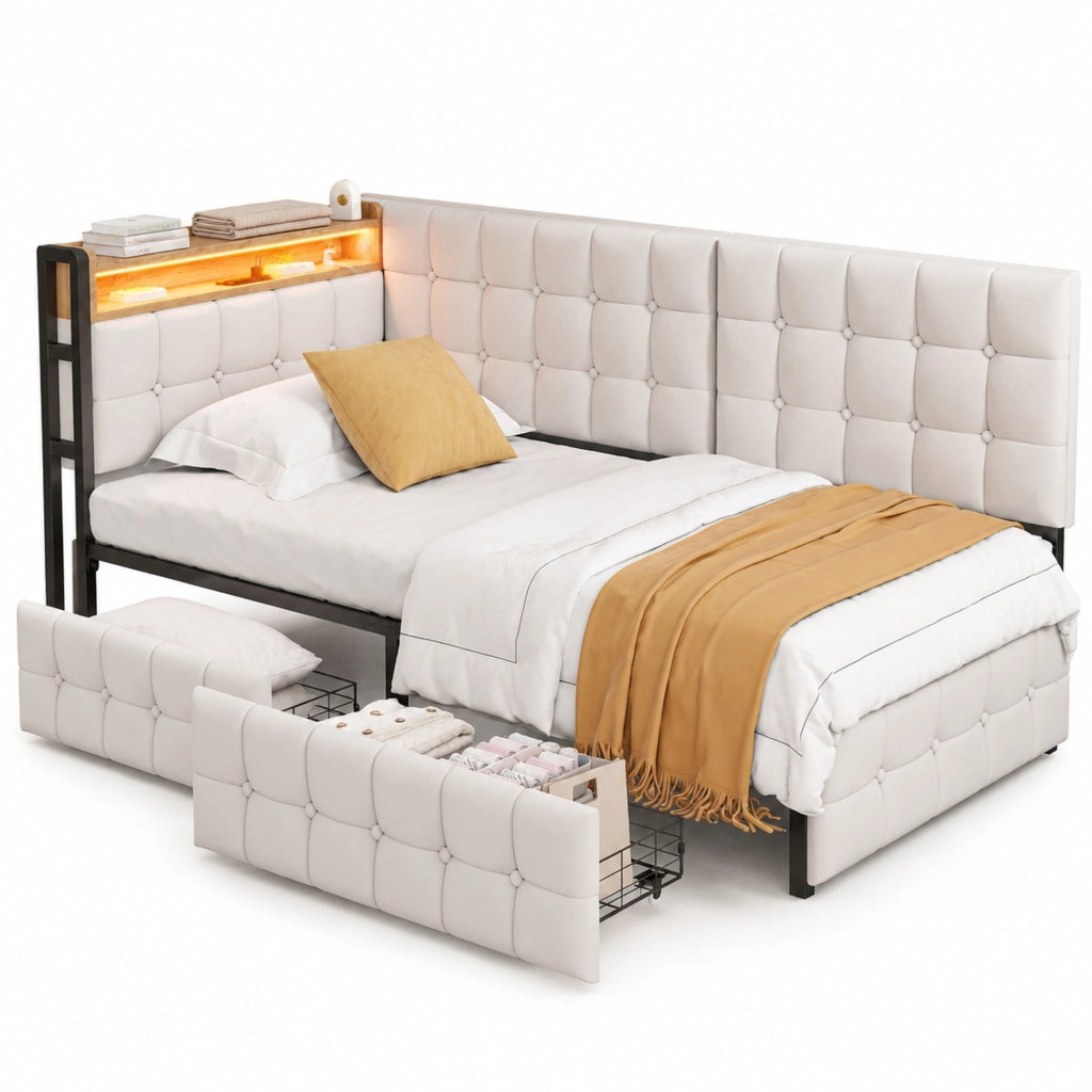 Divano letto imbottito 90x200 cm con 2 cassetti, LED, USB e Type-C, beige
