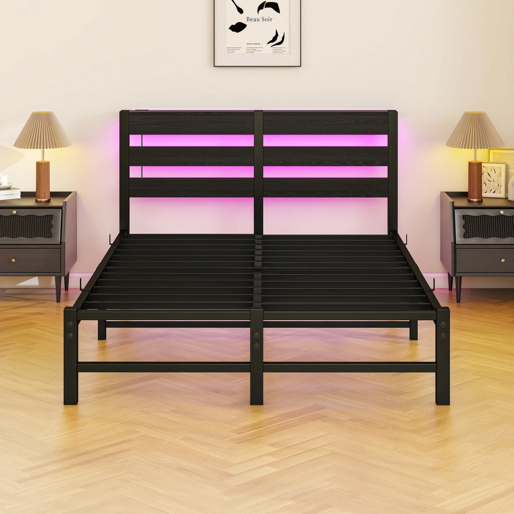 Letto singolo 120 × 200 cm con LED RGB, 2 porte USB, ripiano e spazio sotto il letto, senza materasso, nero