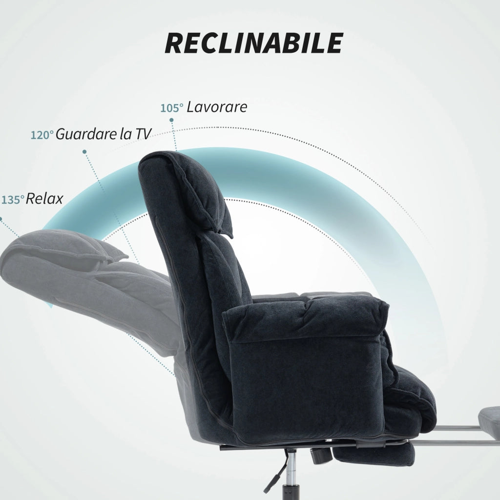 Sedia da Ufficio Operativa Reclinabile con Poggiapiedi 75x77x110-118 cm in Tessuto Effetto Velluto Nero