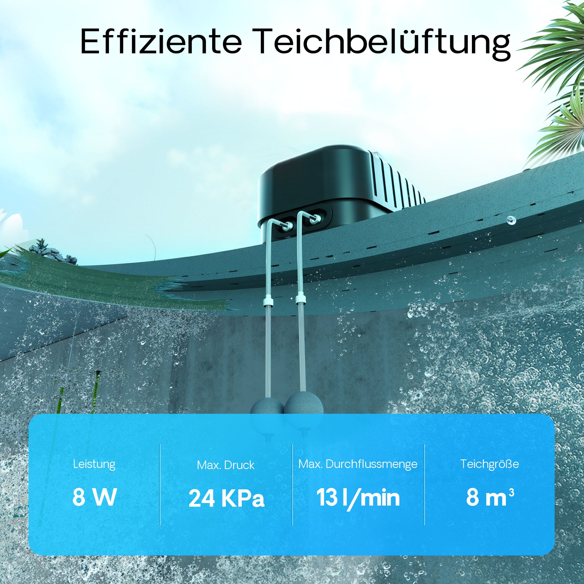 CAP-20 Aeratore acquario 8 W, ossigenatore per laghetti da giardino da 8 m³ e acquari, pompa d'aria 13 l/min con 4 uscite, sistema di aerazione con pietra d'aria e valvola di non ritorno