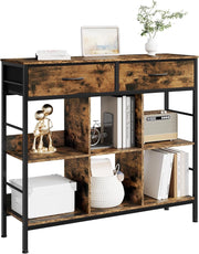 Libreria rustica marrone con 6 ripiani, 2 cassetti, struttura in metallo, autoportante, studio, soggiorno, camera da letto