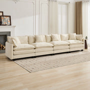 Divano modulare 4 posti con cuscini ergonomici e struttura flessibile in ciniglia beige per soggiorno 75 × 380 × 84 cm