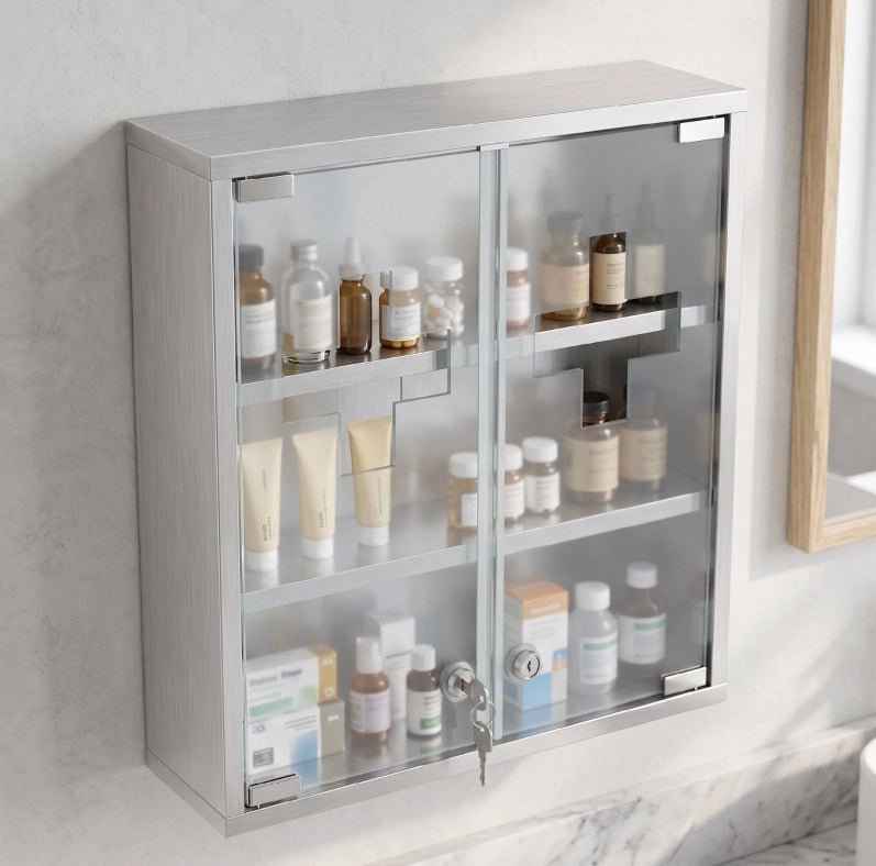 Armadio Medico con Serratura, 6 Ripiani, Porta in Vetro Satinato, Acciaio Inox Argento, 48x46x12 cm, Montaggio a Parete