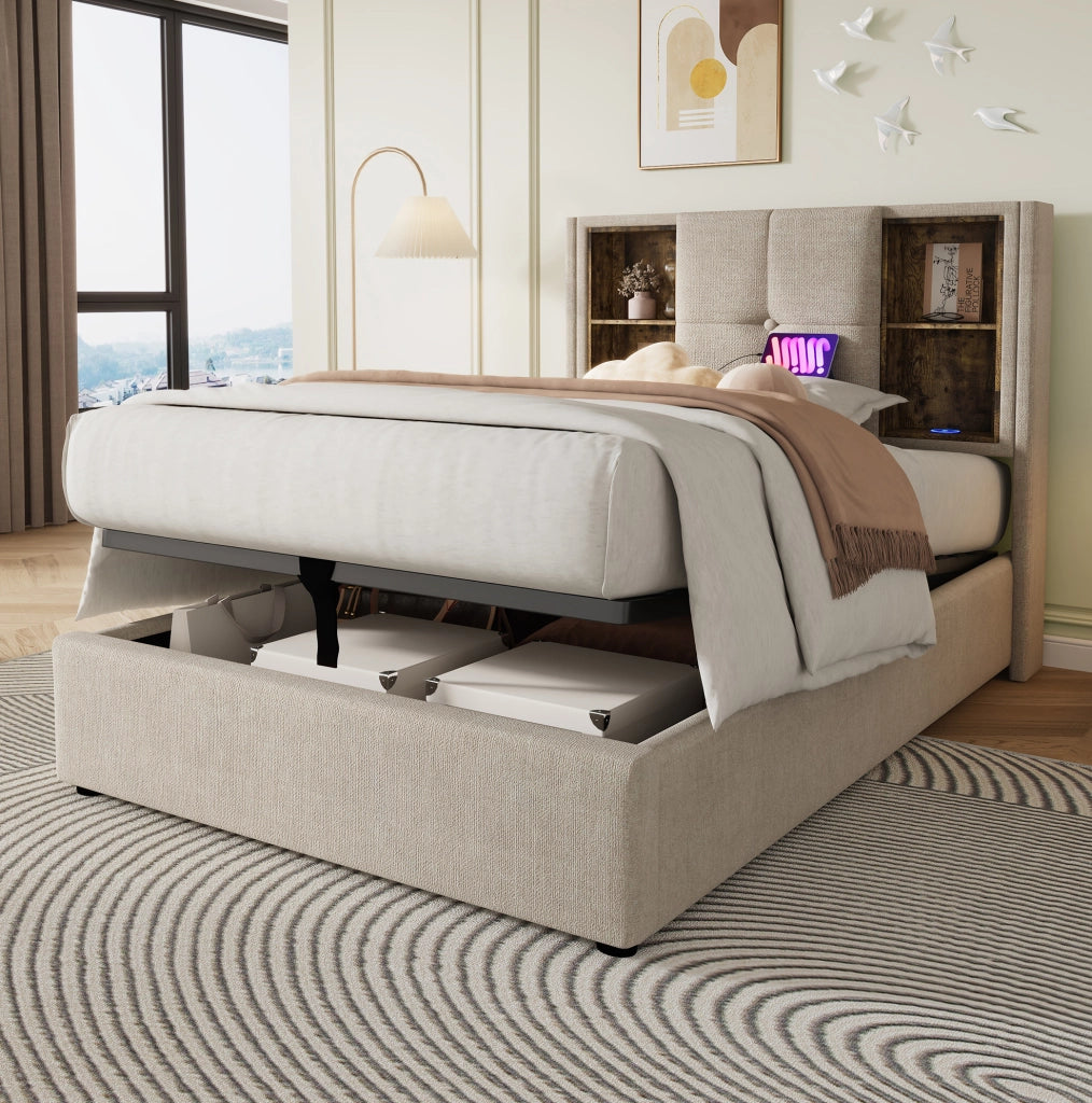 Letto imbottito 90x200 cm con ricarica wireless, USB e ampio contenitore