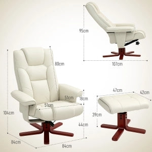 Poltrona relax con pouf reclinabile e funzione dondolo, rivestimento in similpelle crema bianca