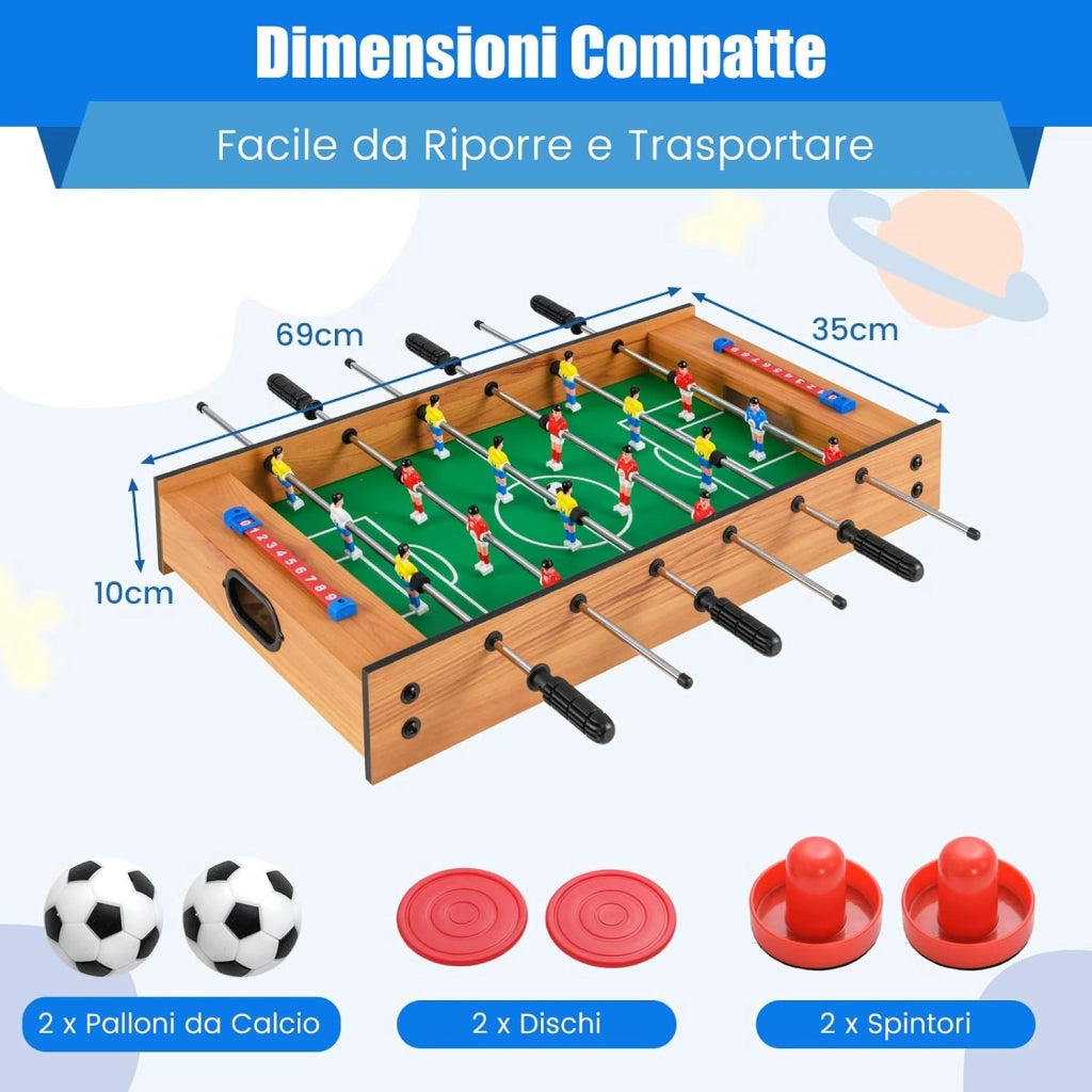 2 in 1 Calcio Balilla in Legno, Calcetto da Tavolo e Hockey da Tavolo con 6 Aste, con 2 Segnapunti, Biliardino per Bambini e Adulti da Casa, 69 x 36 x 10 cm