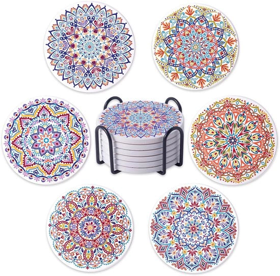 Set di 6 sottopiani in ceramica, sottopiani con supporto, sottopiani per tavolo salotto, assorbenti per bevande, decorazione per cucina e sala da pranzo, diametro circa 10 cm, blu