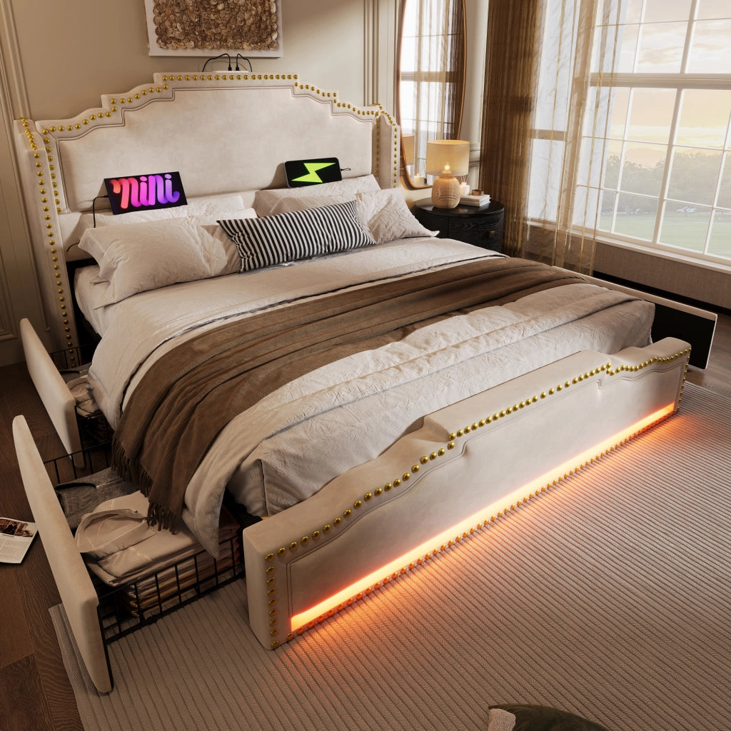 LETTO matrimoniale 180x200 cm in velluto beige con 4 cassetti, LED e USB-C