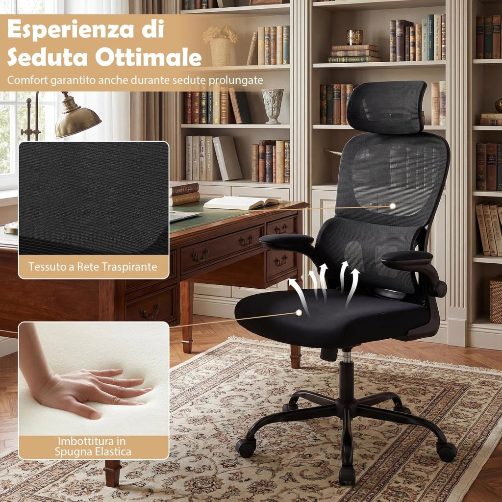 Sedia da Ufficio Ergonomica, Sedia da Scrivania Computer, Poggiatesta e Supporto Lombare, Regolabile in Altezza, Portata 120 kg, Nero