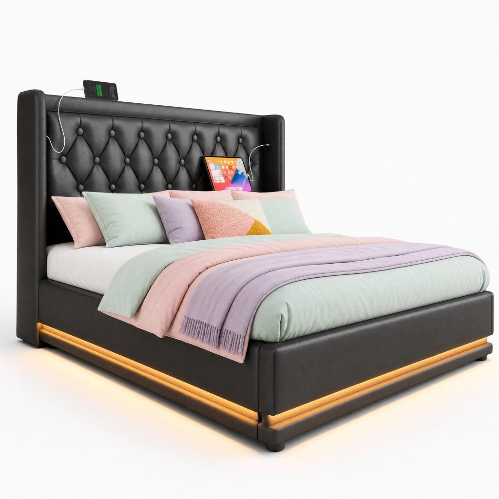 Letto matrimoniale imbottito con contenitore 140x200 cm in PU nero; LED e USB-C